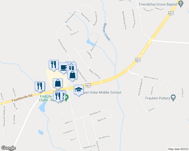 map of restaurants, bars, coffee shops, grocery stores, and more near 147 Belle Chase Drive in Raeford