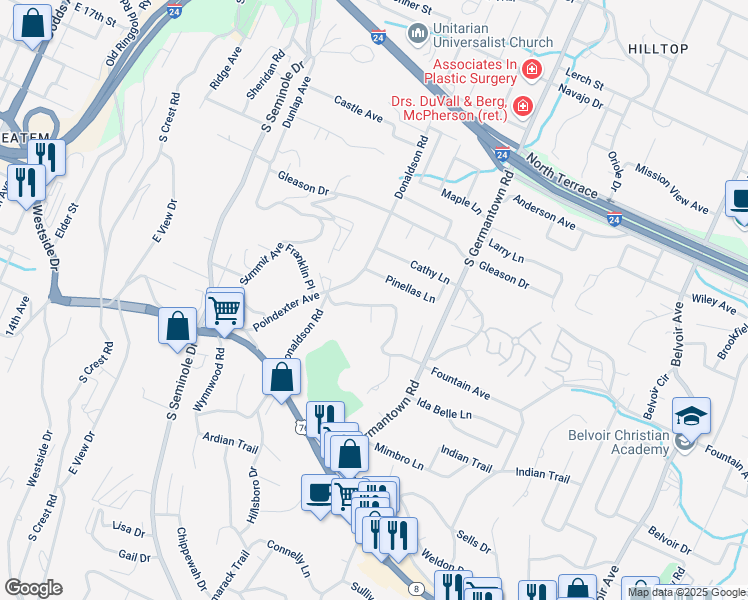 map of restaurants, bars, coffee shops, grocery stores, and more near 3517 Claremont Avenue in Chattanooga