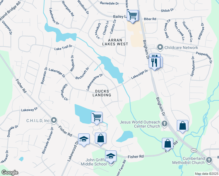 map of restaurants, bars, coffee shops, grocery stores, and more near 6000 Shearwater Drive in Fayetteville