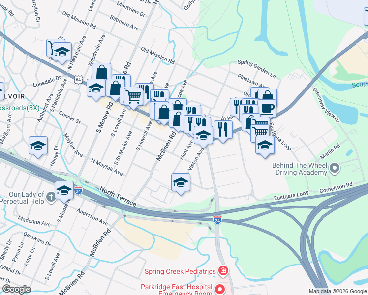 map of restaurants, bars, coffee shops, grocery stores, and more near 5 South Brooks Avenue in Chattanooga