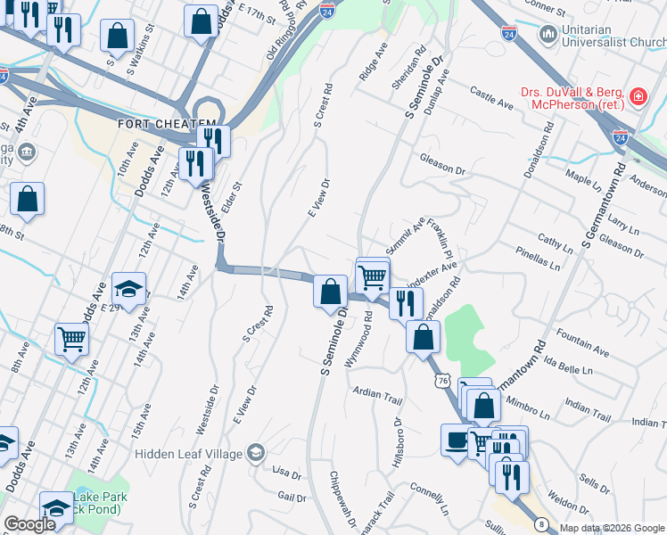 map of restaurants, bars, coffee shops, grocery stores, and more near 3163 Chicalilly Drive in Chattanooga