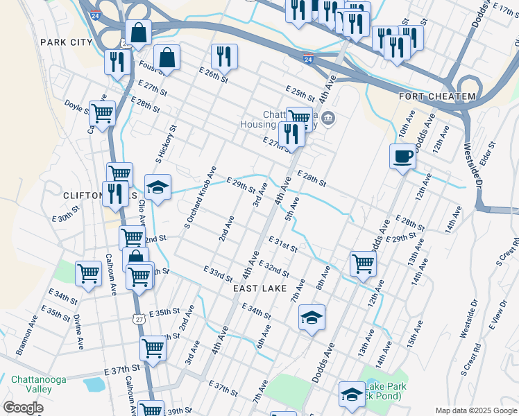 map of restaurants, bars, coffee shops, grocery stores, and more near 2903 3rd Avenue in Chattanooga