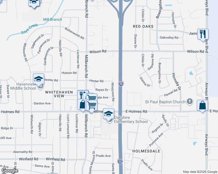 map of restaurants, bars, coffee shops, grocery stores, and more near 1777 Hester Road in Memphis