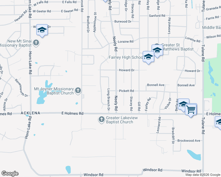 map of restaurants, bars, coffee shops, grocery stores, and more near 5071 Long Branch Drive in Memphis
