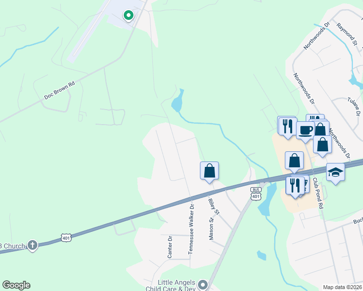map of restaurants, bars, coffee shops, grocery stores, and more near 434 Noble Dr in Raeford