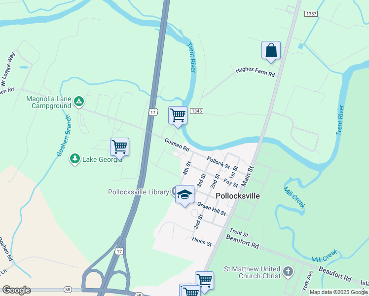 map of restaurants, bars, coffee shops, grocery stores, and more near Goshen Road in Pollocksville