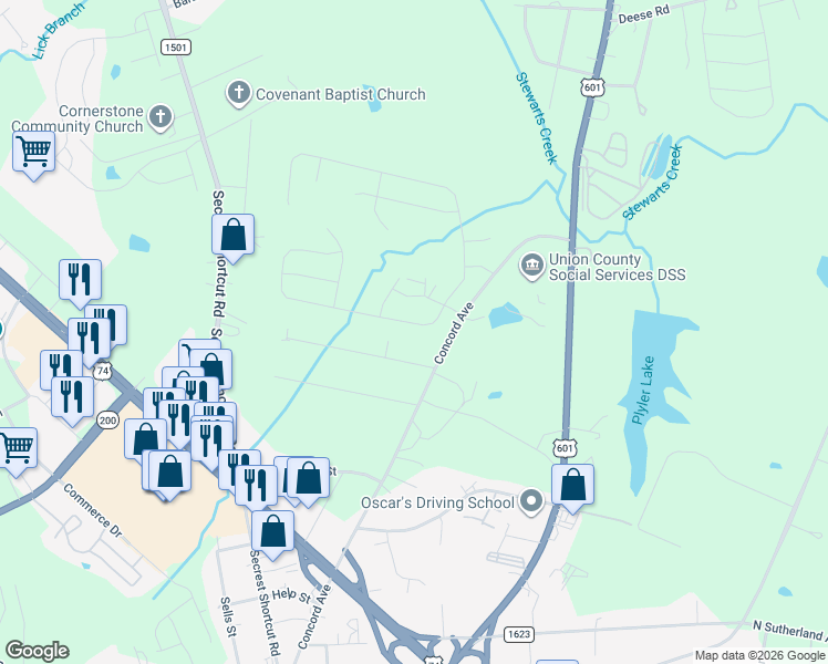 map of restaurants, bars, coffee shops, grocery stores, and more near 2225 Concord Avenue in Monroe