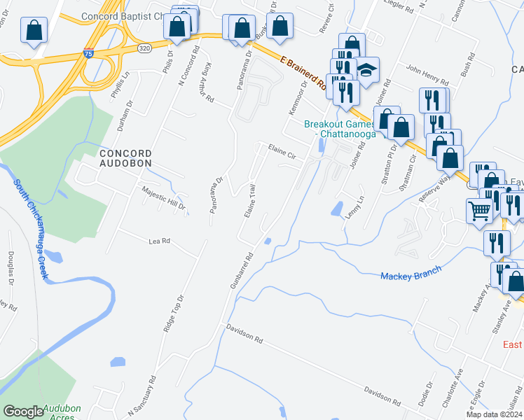 map of restaurants, bars, coffee shops, grocery stores, and more near 7318 Huntley Lane in Chattanooga