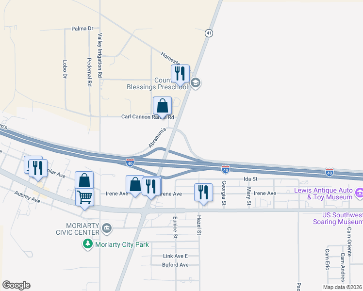 map of restaurants, bars, coffee shops, grocery stores, and more near 1 Abrahames Road in Moriarty