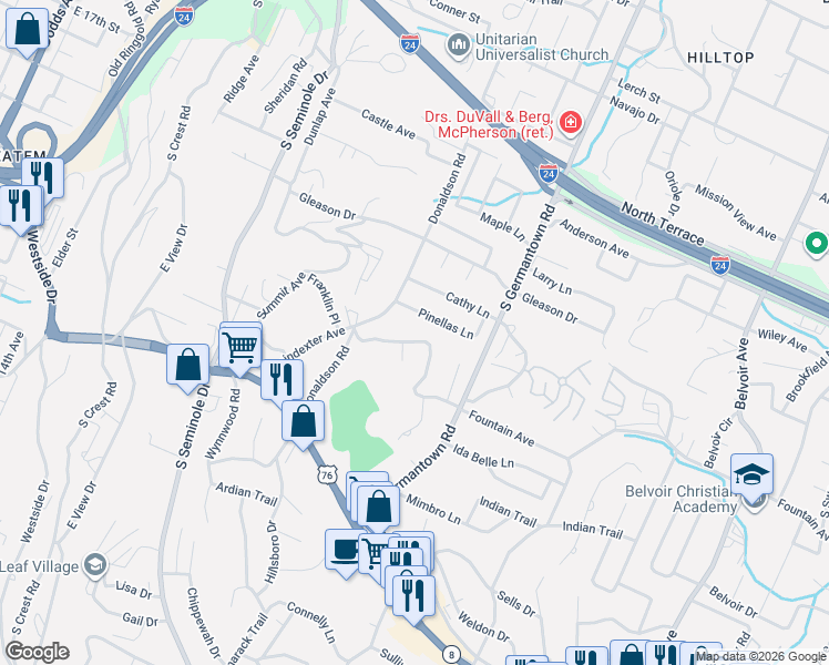 map of restaurants, bars, coffee shops, grocery stores, and more near 3510 Pinellas Lane in Chattanooga