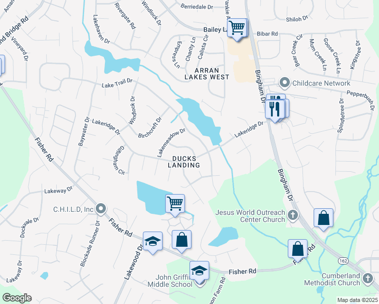 map of restaurants, bars, coffee shops, grocery stores, and more near 6008 Shearwater Drive in Fayetteville