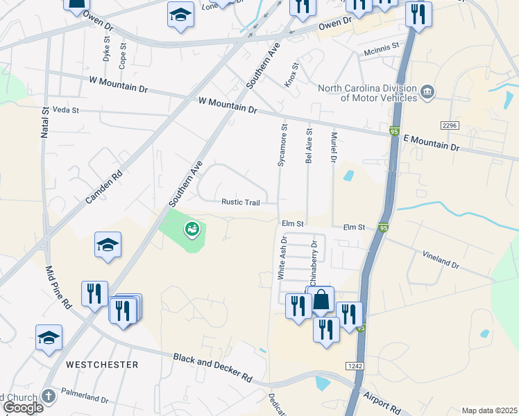 map of restaurants, bars, coffee shops, grocery stores, and more near 2212 Rustic Trail in Fayetteville