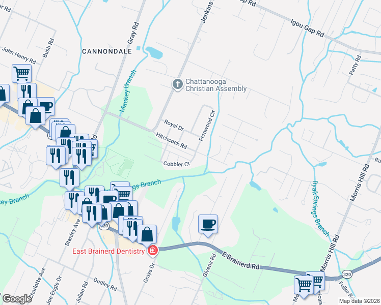 map of restaurants, bars, coffee shops, grocery stores, and more near 1607 Fernwood Circle in Chattanooga