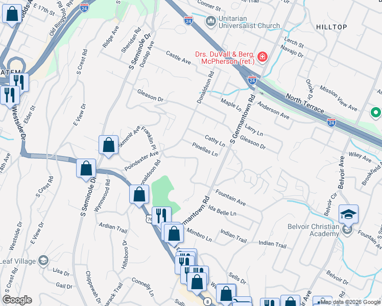 map of restaurants, bars, coffee shops, grocery stores, and more near 3510 Pinellas Lane in Chattanooga