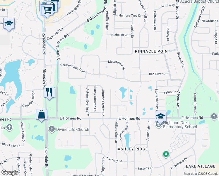 map of restaurants, bars, coffee shops, grocery stores, and more near 7255 Germantown Trail in Memphis