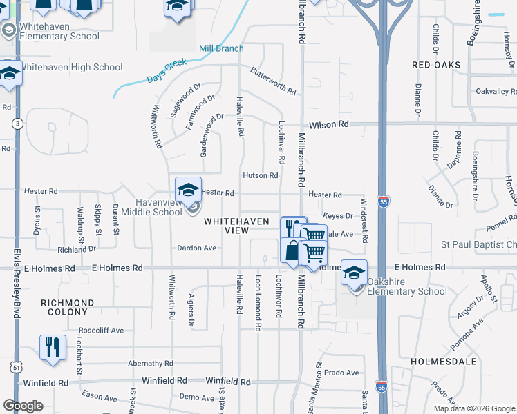 map of restaurants, bars, coffee shops, grocery stores, and more near 1597 Hester Road in Memphis