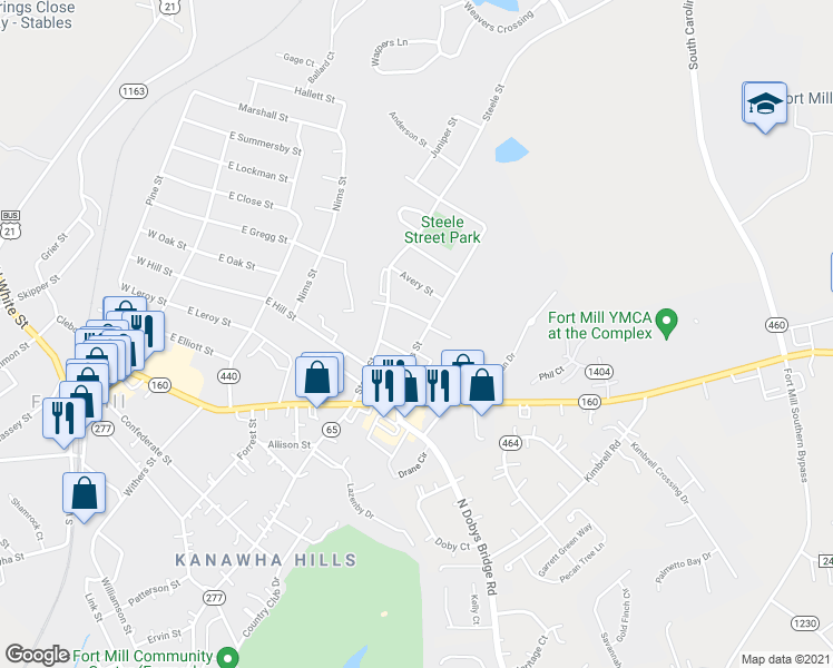 map of restaurants, bars, coffee shops, grocery stores, and more near 307 Joe Louis Street in Fort Mill