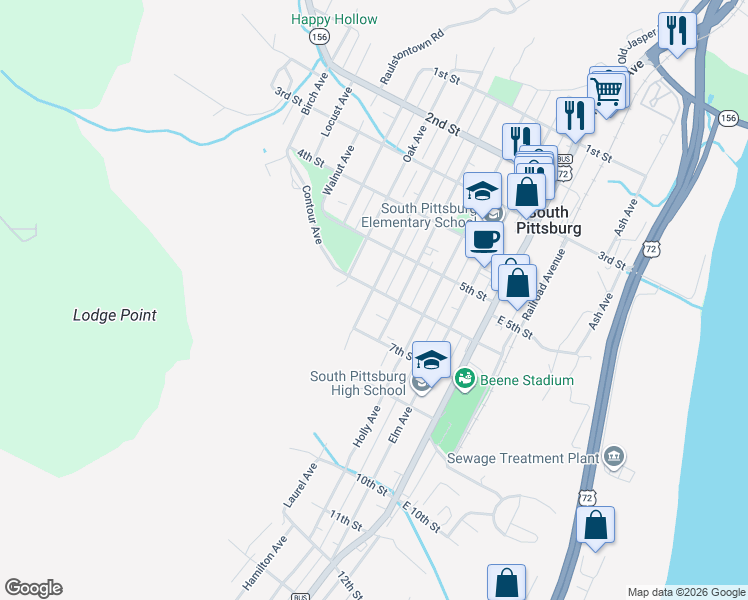 map of restaurants, bars, coffee shops, grocery stores, and more near 601 Magnolia Avenue in South Pittsburg