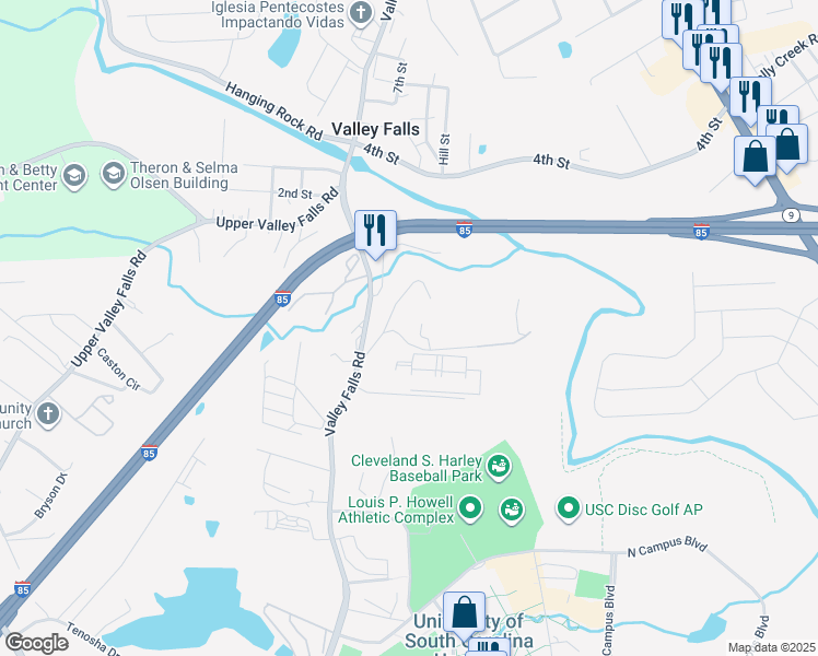 map of restaurants, bars, coffee shops, grocery stores, and more near 215 Ranch Road in Spartanburg