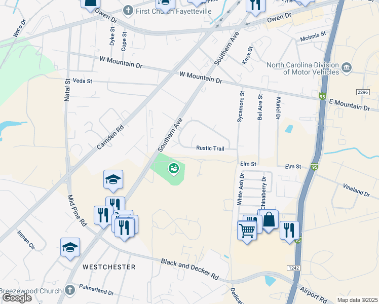 map of restaurants, bars, coffee shops, grocery stores, and more near 2248 Rustic Trail in Fayetteville