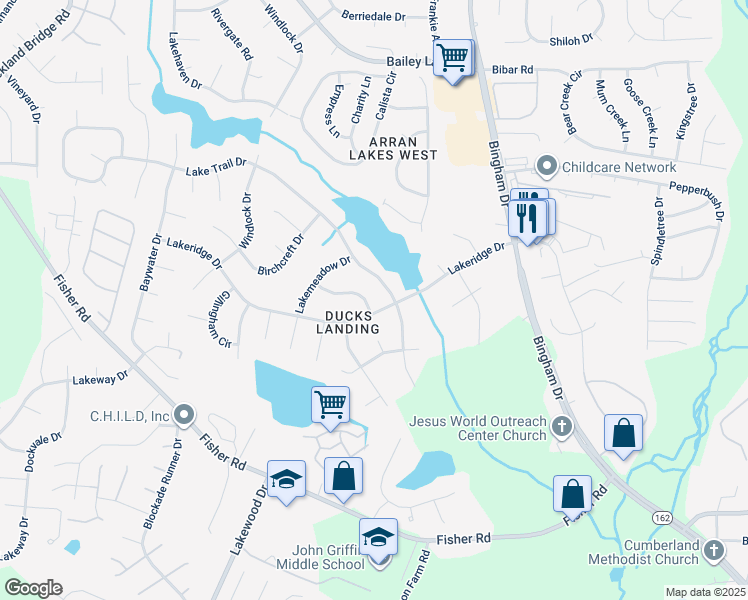 map of restaurants, bars, coffee shops, grocery stores, and more near 6000 Shearwater Drive in Fayetteville