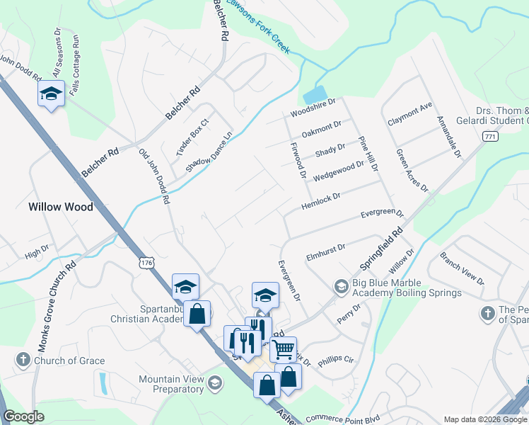 map of restaurants, bars, coffee shops, grocery stores, and more near 158 Hearthstone Lane in Boiling Springs