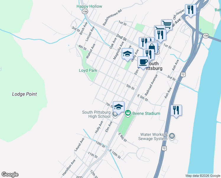 map of restaurants, bars, coffee shops, grocery stores, and more near 507 Laurel Avenue in South Pittsburg