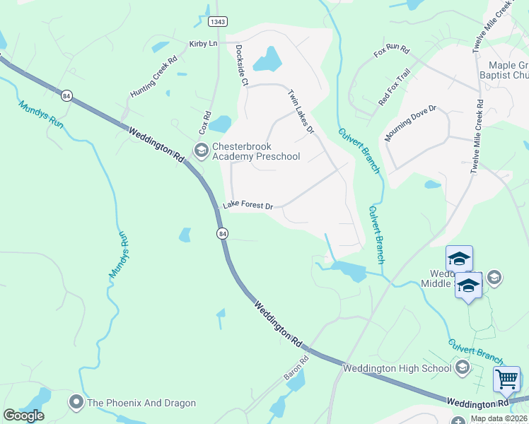 map of restaurants, bars, coffee shops, grocery stores, and more near 1025 Lake Forest Drive in Weddington