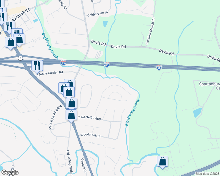 map of restaurants, bars, coffee shops, grocery stores, and more near 202 Riverrun Drive in Spartanburg