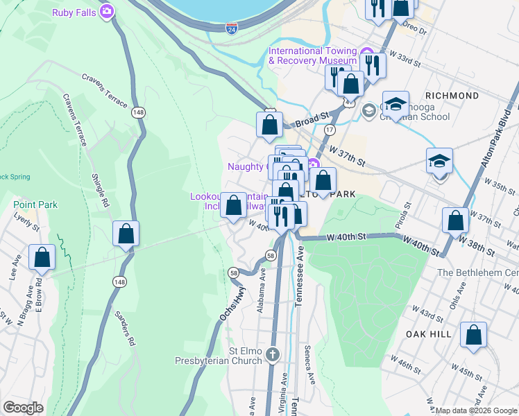 map of restaurants, bars, coffee shops, grocery stores, and more near 3913 Pennsylvania Avenue in Chattanooga