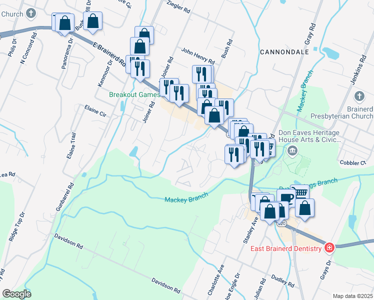map of restaurants, bars, coffee shops, grocery stores, and more near 1406 Stratman Circle in Chattanooga