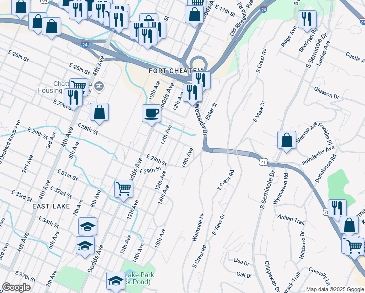 map of restaurants, bars, coffee shops, grocery stores, and more near 3011 East 26th Street in Chattanooga
