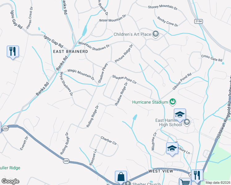 map of restaurants, bars, coffee shops, grocery stores, and more near 306 Shadow Walk Drive in Chattanooga