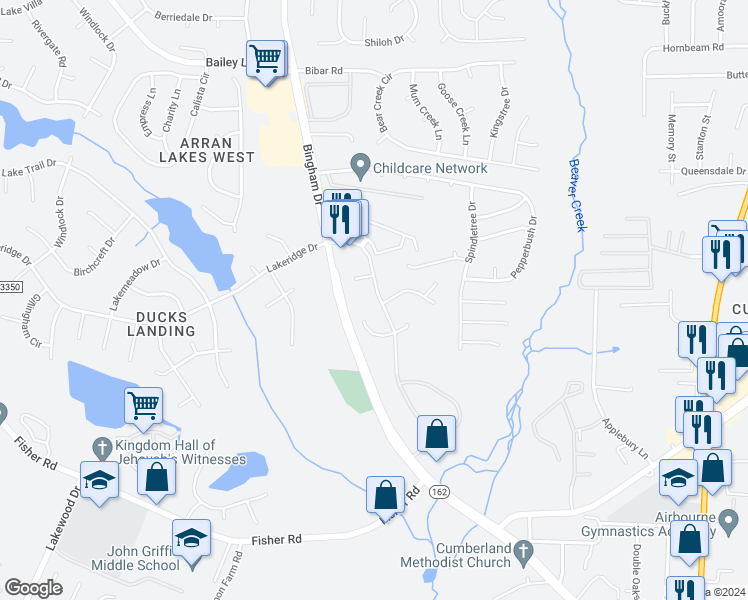 map of restaurants, bars, coffee shops, grocery stores, and more near 2390 Painters Mill Drive in Fayetteville