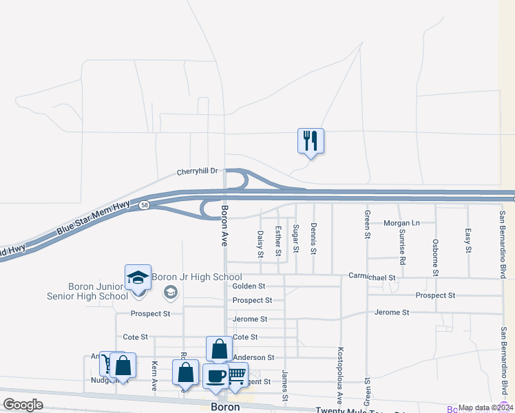 map of restaurants, bars, coffee shops, grocery stores, and more near 12697 Daisy Street in Boron