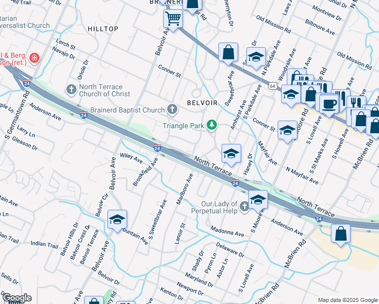 map of restaurants, bars, coffee shops, grocery stores, and more near 4110 Sunbury Avenue in Chattanooga