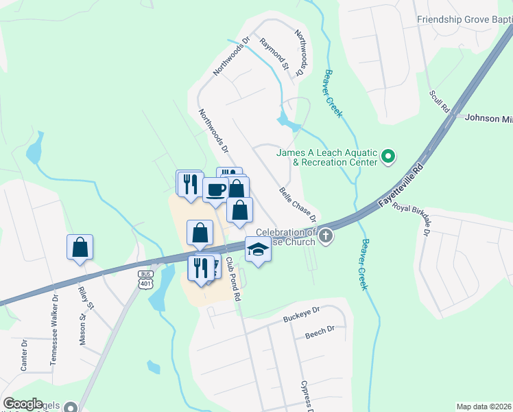 map of restaurants, bars, coffee shops, grocery stores, and more near 225 Northwoods Drive in Raeford
