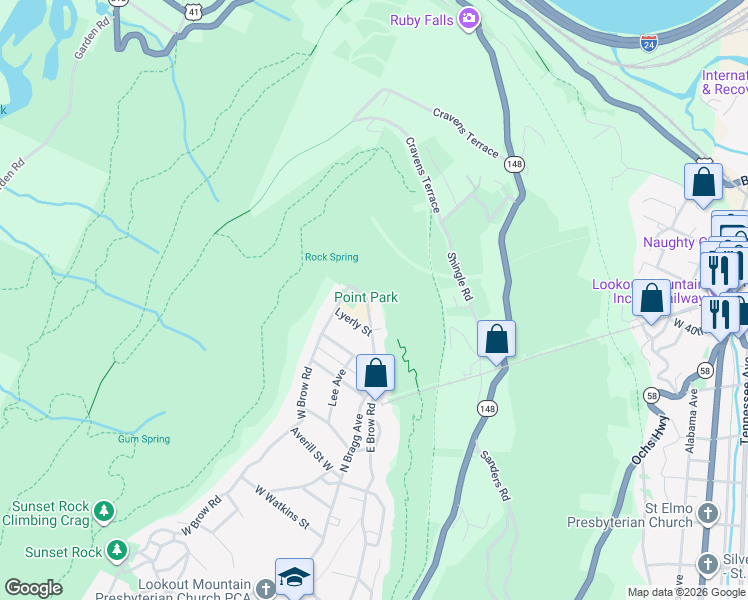 map of restaurants, bars, coffee shops, grocery stores, and more near 110 Point Park Road in Lookout Mountain
