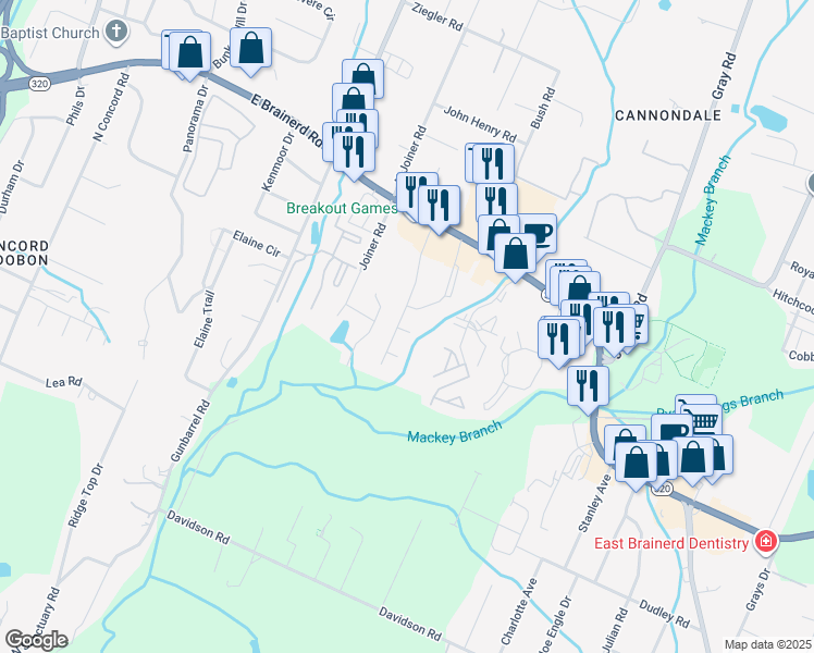 map of restaurants, bars, coffee shops, grocery stores, and more near 1336 Stratton Place Drive in Chattanooga