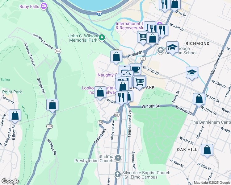 map of restaurants, bars, coffee shops, grocery stores, and more near 201 Old Mountain Road in Chattanooga