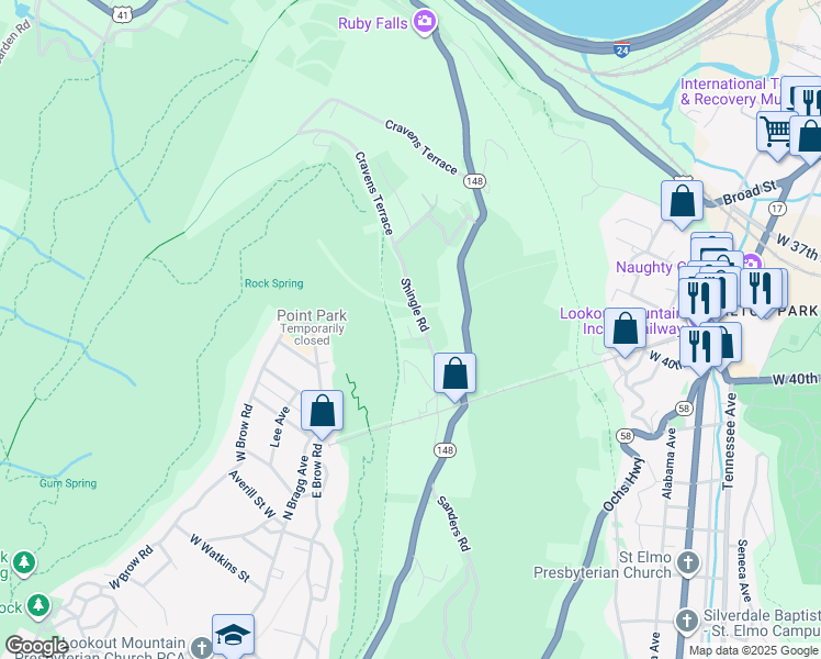 map of restaurants, bars, coffee shops, grocery stores, and more near 1048 Shingle Road in Chattanooga