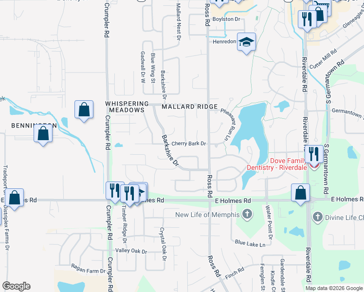 map of restaurants, bars, coffee shops, grocery stores, and more near 6620 Cherry Bark Drive in Memphis