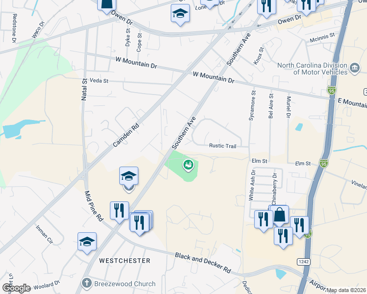 map of restaurants, bars, coffee shops, grocery stores, and more near 2810 Needle Ln in Fayetteville
