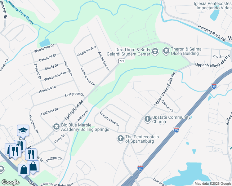map of restaurants, bars, coffee shops, grocery stores, and more near 172 Sherman Drive in Boiling Springs
