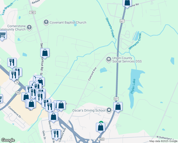 map of restaurants, bars, coffee shops, grocery stores, and more near 2225 Concord Avenue in Monroe