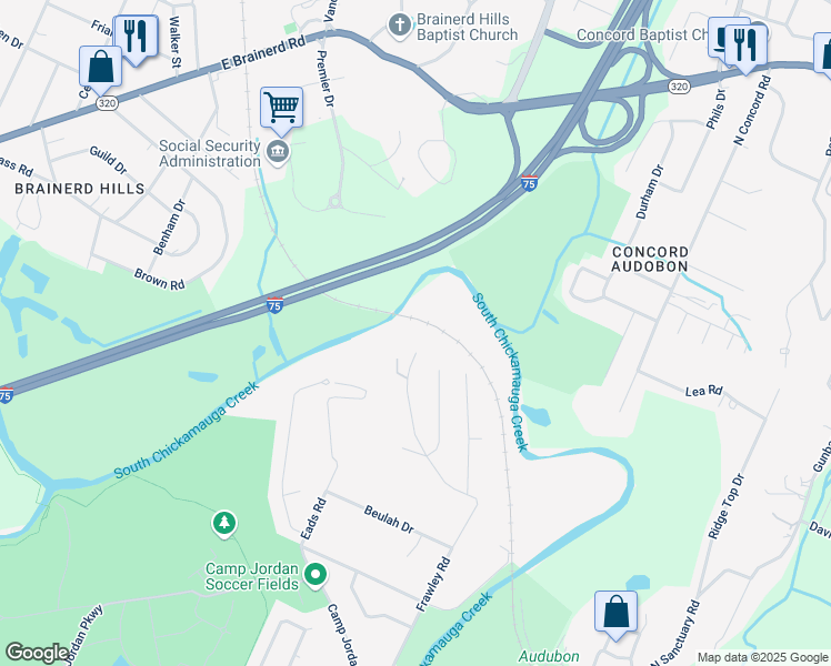 map of restaurants, bars, coffee shops, grocery stores, and more near 1 Frawley Road in Chattanooga