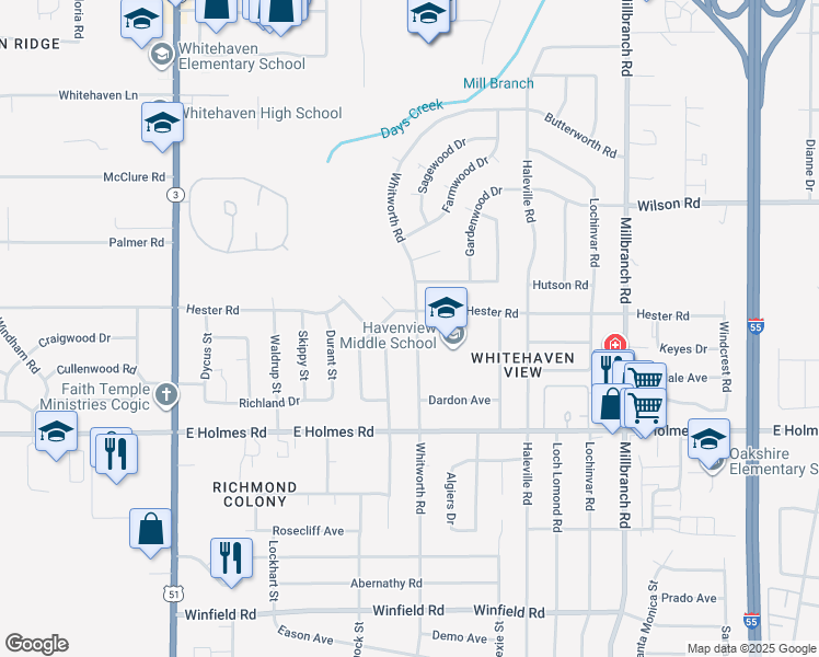 map of restaurants, bars, coffee shops, grocery stores, and more near 5085 Whitworth Road in Memphis