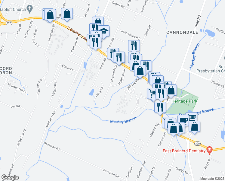 map of restaurants, bars, coffee shops, grocery stores, and more near 1340 Stratton Place Drive in Chattanooga