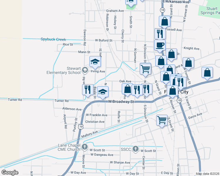 map of restaurants, bars, coffee shops, grocery stores, and more near 219 North Beech Street in Forrest City