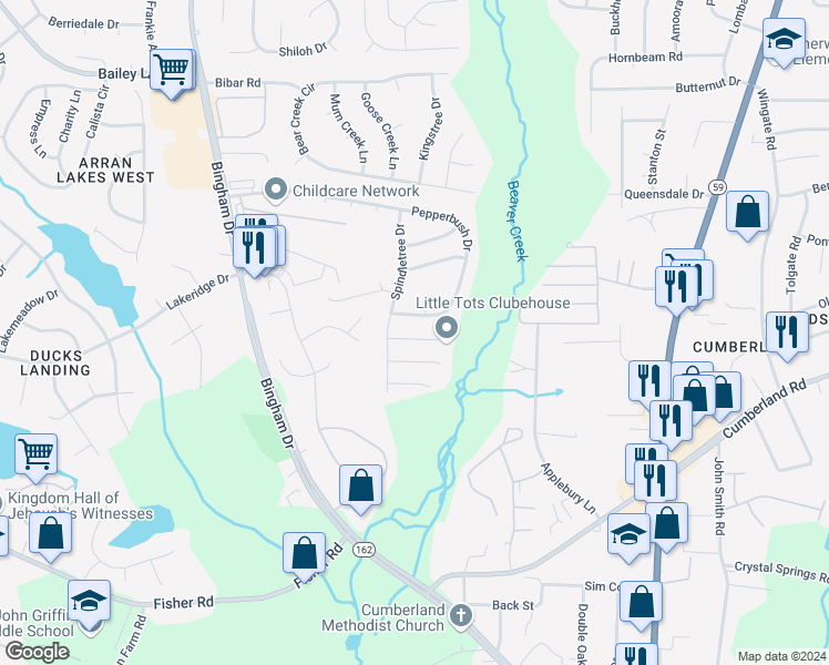 map of restaurants, bars, coffee shops, grocery stores, and more near 5552 Pepperbush Drive in Fayetteville